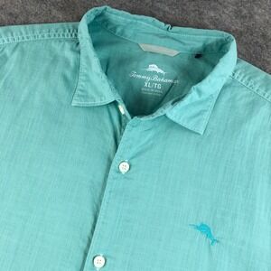 Tommy Bahama Mens XL Green Cotton Short Sleeve Button Up Shirt Palm Tree Logo